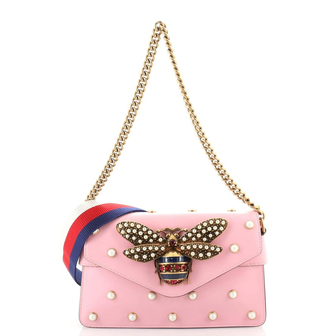 Gucci Broadway Pearly Bee Shoulder Bag Embellished Leather Mini: Gucci Broadway Pearly Bee Shoulder Bag Embellished Leather Mini Exterior Color: Pink Interior Color: Neutral Exterior Material: Leather Interior Material: Leather Hardware Color: Gold, Aged Gold A
