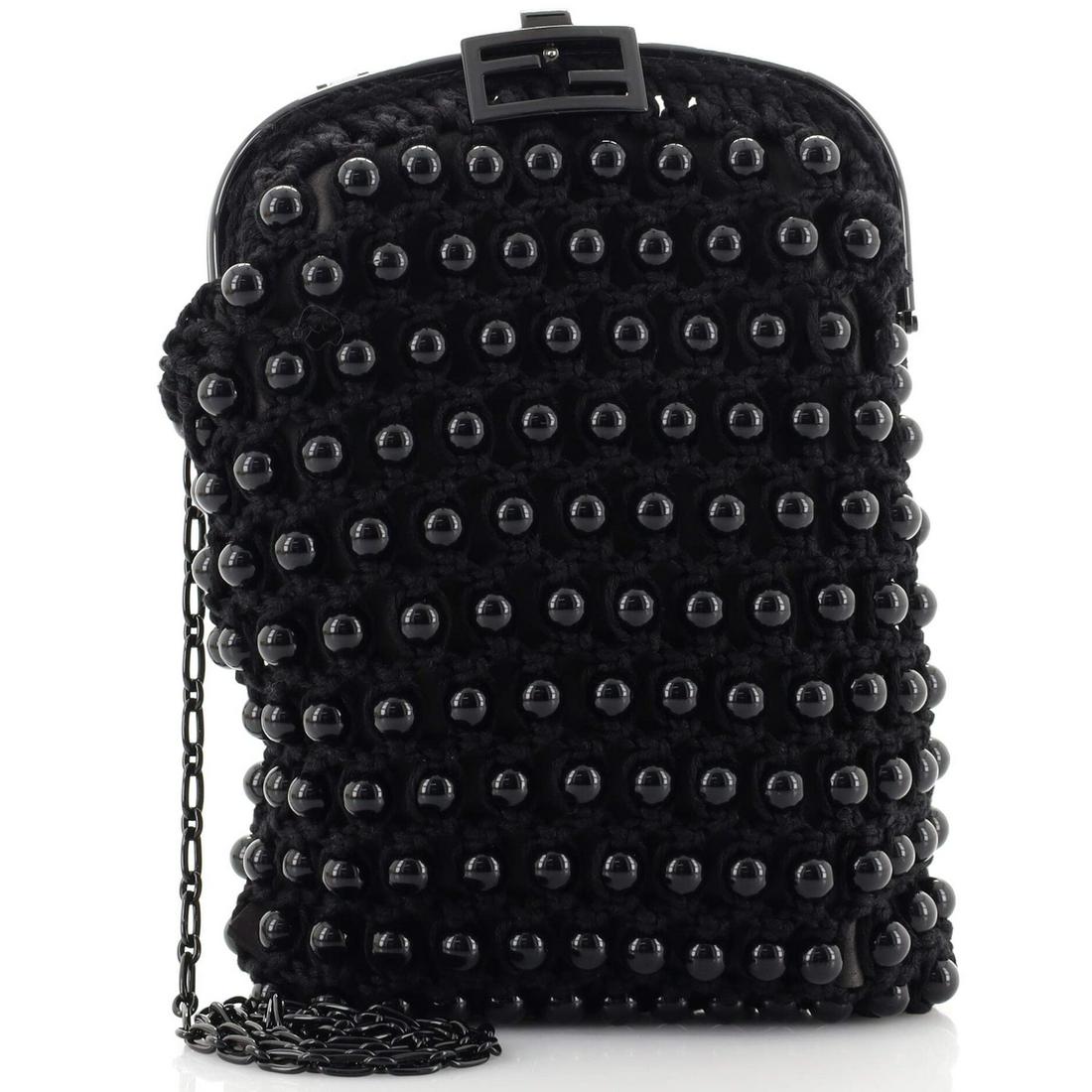 Fendi Baguette Phone Bag Woven Crochet with Beads Mini: Fendi Baguette Phone Bag Woven Crochet with Beads Mini Exterior Color: Black Interior Color: Black Exterior Material: Beaded, Fabric Interior Material: Beaded, Fabric Hardware Color: Black Accesso
