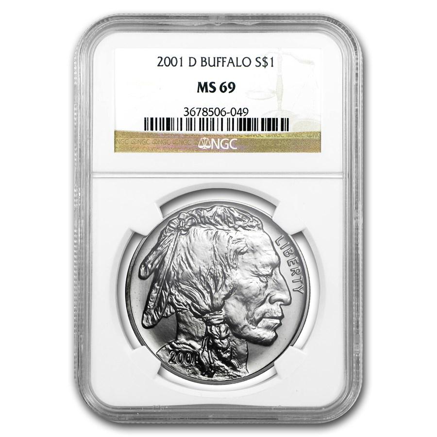 2001-D Buffalo $1 Silver Commem MS-69 NGC: 2001-D Buffalo $1 Silver Commem MS-69 NGC Product ID: 14759 Year: 2001 Grade Service: NGC Denomination: $1.00 Dollar Metal Content: 0.7734 troy oz Purity: .900 Thickness: 3.1 mm