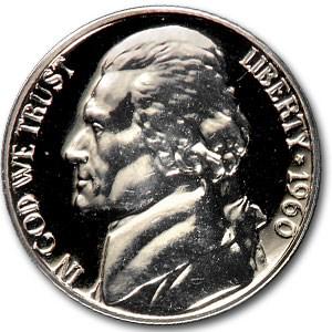 1960 Jefferson Nickel Gem Proof: 1960 Jefferson Nickel Gem Proof Product ID: 6680 Year: 1960 Grade: Gem Proof Grade Service: None Denomination: 5 Cents Mint Mark: P - Philadelphia (Not Shown) Metal Content: 0 troy oz