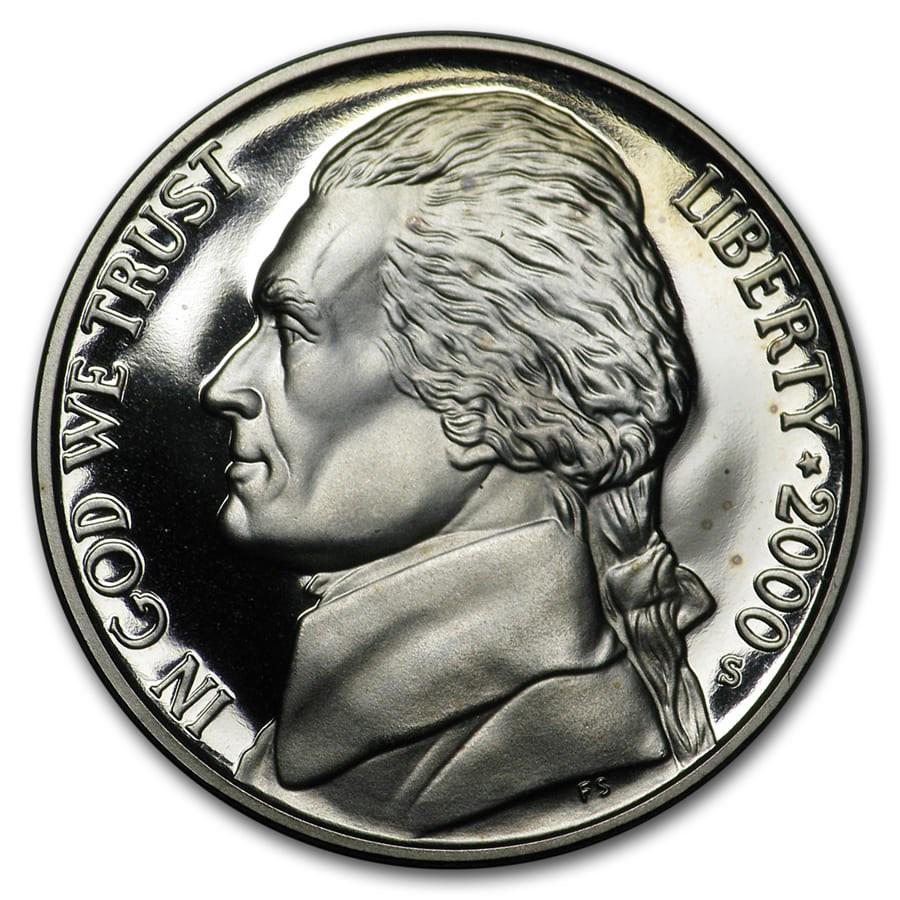2000-S Jefferson Nickel Gem Proof: 2000-S Jefferson Nickel Gem Proof Product ID: 6722 Year: 2000 Grade: Gem Proof Grade Service: None Denomination: 5 Cents Mint Mark: S - San Francisco Metal Content: 0 troy oz Pur