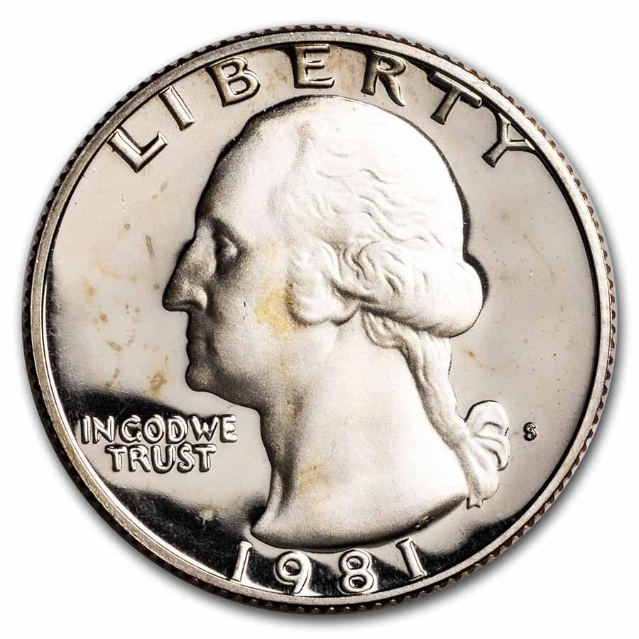 1981-S Washington Quarter Type-I Gem Proof: 1981-S Washington Quarter Type-I Gem Proof Product ID: 6550 Year: 1981 Grade: Gem Proof Grade Service: None Denomination: 25 Cents Mint Mark: S - San Francisco Metal Content: 0 troy oz