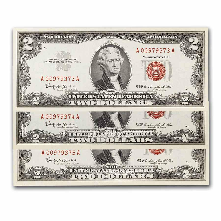 1963 $2.00 U.S. Note Red Seal CCU (Fr#1513) 3 Consecutive: 1963 $2.00 U.S. Note Red Seal CCU (Fr#1513) 3 Consecutive Product ID: 262863 Year: 1963 Grade: (U) Crisp Unc Grade Service: None Denomination: 2 Dollars Mint Mark: N/A - Not Available Met