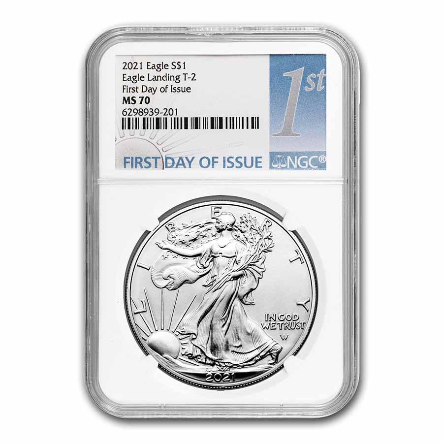 2021 American Silver Eagle (Type 2) MS-70 NGC (FDI): 2021 American Silver Eagle (Type 2) MS-70 NGC (FDI) Product ID: 237279 Year: 2021 Grade Service: NGC Denomination: 1 Dollar Metal Content: 1 troy oz Purity: .999 Thickness: 2.98 mm