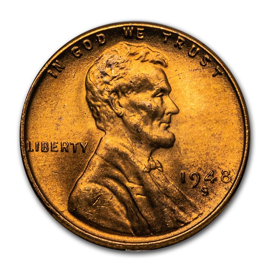 1948-S Lincoln Cent BU (Red): 1948-S Lincoln Cent BU (Red) Product ID: 9843 Year: 1948 Grade: Brilliant Unc Grade Service: None Denomination: $0.01 Mint Mark: S - San Francisco Metal Content: 0 troy oz Purity