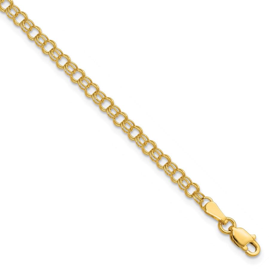 10K Yellow Gold 3.5mm Solid Double Link Charm Bracelet - 7 mm: 10K Yellow Gold 3.5mm Solid Double Link Charm Bracelet - 7 mm Product Id: 264514 Metal: Gold Purity: 10K Length Of Item: 7 in Chain Length: 7 in Chain Width: 3.5 mm Clasp/Connector: Lobst