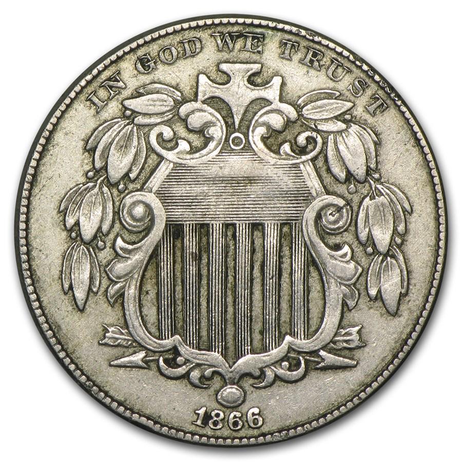 1866 Shield Nickel w/Rays VF: 1866 Shield Nickel w/Rays VF Product ID: 16348 Year: 1866 Grade: Very Fine Grade Service: None Denomination: 5 Cents Mint Mark: P - Philadelphia (Not Shown) Metal Content: 0 troy oz <