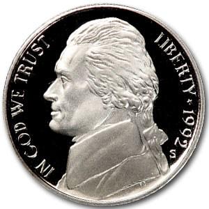 1992-S Jefferson Nickel Gem Proof: 1992-S Jefferson Nickel Gem Proof Product ID: 6714 Year: 1992 Grade: Gem Proof Grade Service: None Denomination: 5 Cents Mint Mark: S - San Francisco Metal Content: 0 troy oz Pur