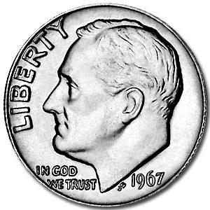 1967 Roosevelt Dime BU: 1967 Roosevelt Dime BU Product ID: 6191 Year: 1967 Grade: Brilliant Unc Grade Service: None Denomination: 10 Cents Mint Mark: P - Philadelphia (Not Shown) Metal Content: 0 troy oz