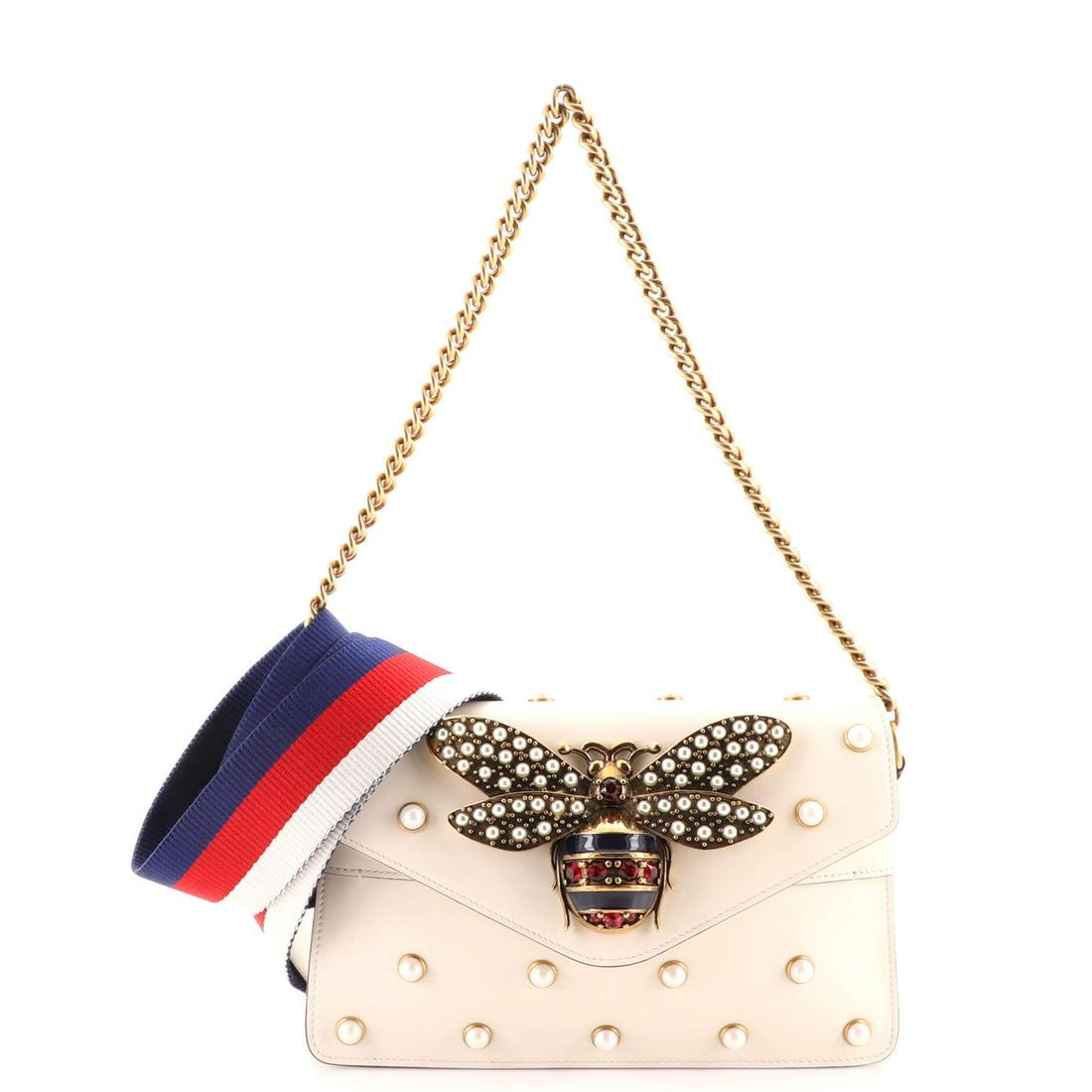 Gucci Broadway Pearly Bee Shoulder Bag Embellished Leather Mini: Gucci Broadway Pearly Bee Shoulder Bag Embellished Leather Mini Exterior Color: Neutral Interior Color: Neutral Exterior Material: Leather Interior Material: Microfiber Hardware Color: Gold, Aged Gold