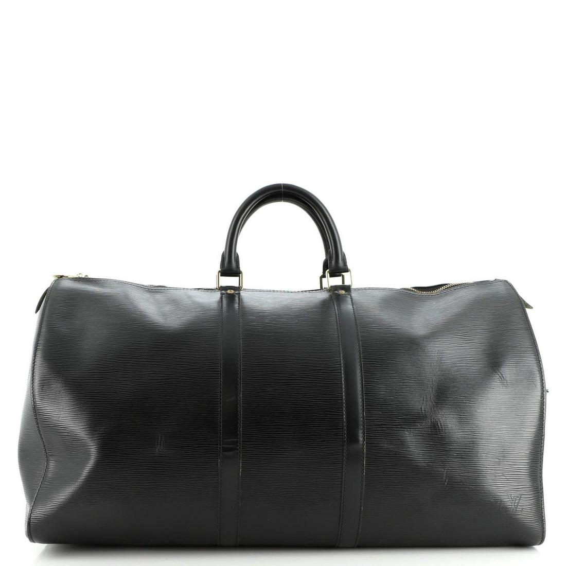 Louis Vuitton Keepall Bag Epi Leather 55: Louis Vuitton Keepall Bag Epi Leather 55 Exterior Color: Black Interior Color: Gray Exterior Material: Leather Interior Material: Raw Leather Hardware Color: Gold Accessories: Keys missing, Lock m