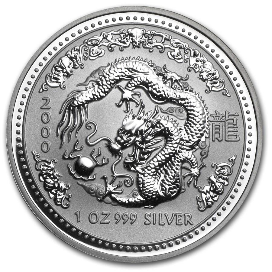 2000 Australia 1 oz Silver Year of the Dragon BU (Series I): 2000 Australia 1 oz Silver Year of the Dragon BU (Series I) Product ID: 1104 Year: 2000 Grade: Brilliant Unc Grade Service: None Denomination: $1.00 Dollar Mint Mark: Perth Mint (Not Shown)