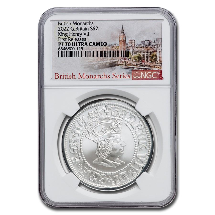 2022 England 1 oz Silver 2 Pounds King Henry VII PF-70 NGC (FR): 2022 England 1 oz Silver 2 Pounds King Henry VII PF-70 NGC (FR) Product ID: 259596 Year: 2022 Grade Service: NGC Denomination: $S2P Metal Content: 1 troy oz Purity: .9999 Diameter: 33 mm
