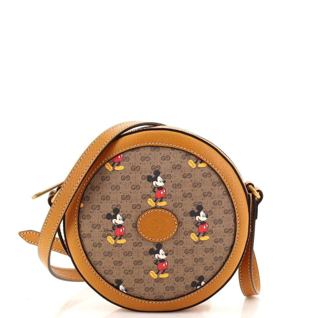 Gucci Disney Mickey Mouse Round Shoulder Bag Printed Mini GG Coated Canvas: Gucci Disney Mickey Mouse Round Shoulder Bag Printed Mini GG Coated Canvas Exterior Color: Brown Interior Color: Neutral Exterior Material: Canvas Coated Interior Material: Fabric Hardware Color: Aged