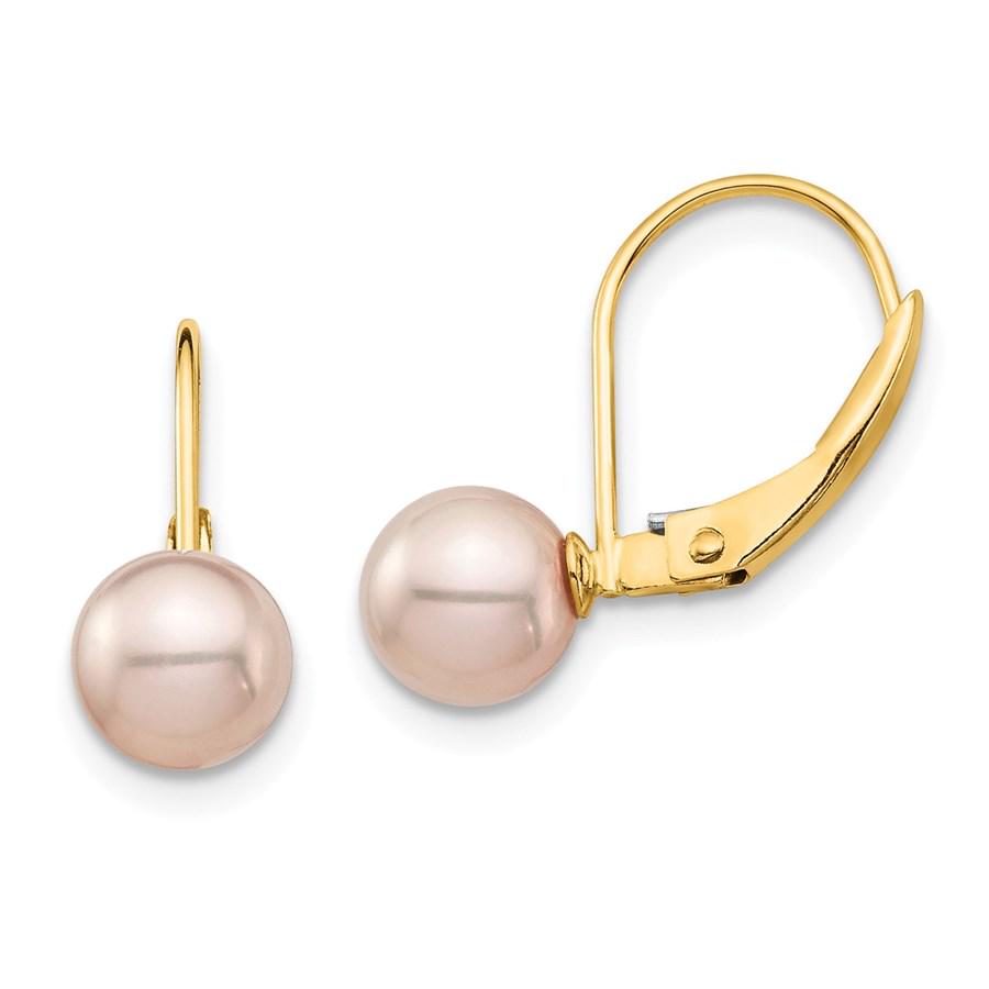 14k Yellow Gold Pink Round Pearl Leverback Earrings - 6-7 mm: 14k Yellow Gold Pink Round Pearl Leverback Earrings - 6-7 mm Product Id: 184845 Metal: Gold Purity: 14K Finish: Polished Length Of Item: 17.72 mm Stone Type: Pearl Stone Color: Pink <