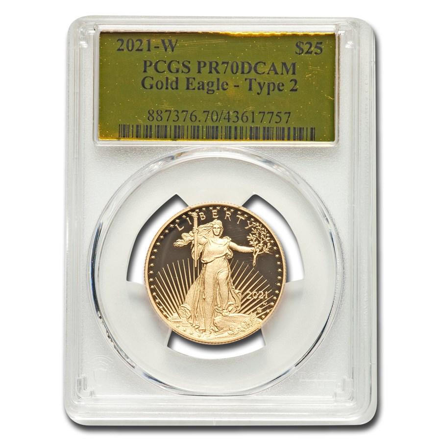 2021-W 1/2 oz Proof Gold Eagle (Type 2) PR-70 PCGS (Gold Foil): 2021-W 1/2 oz Proof Gold Eagle (Type 2) PR-70 PCGS (Gold Foil) Product ID: 262477 Year: 2021 Grade Service: PCGS Denomination: 25 Dollars Metal Content: 0.5 troy oz Purity: .9167 Thicknes