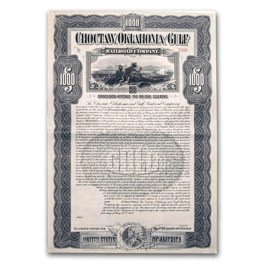 Choctaw, Oklahoma and Gulf Railroad Company Gold Bond (Unissued): Choctaw, Oklahoma and Gulf Railroad Company Gold Bond (Unissued) Product ID: 50802 Year: N/A Grade: None Grade Service: None Denomination: N/A Mint Mark: N/A - Not Available Metal Content