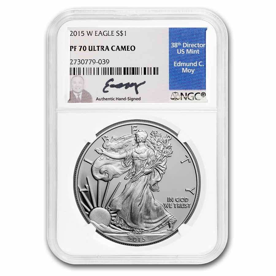 2015-W Proof American Silver Eagle PF-70 NGC (Moy): 2015-W Proof American Silver Eagle PF-70 NGC (Moy) Product ID: 270714 Year: 2015 Grade: Proof - 70 UCAM Grade Service: NGC Denomination: 1 Dollar Mint Mark: W - West Point Metal Content: