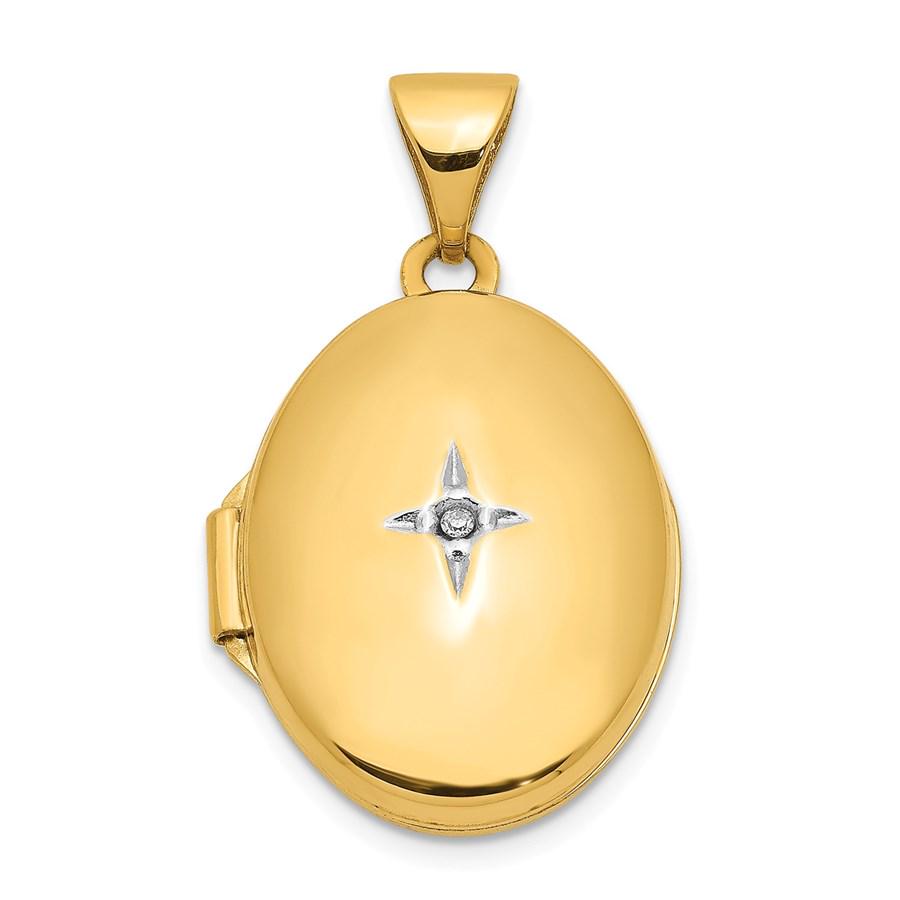 14k Yellow Gold Oval Diamond Locket - 25 mm: 14k Yellow Gold Oval Diamond Locket - 25 mm Product Id: 202414 Metal: Gold Purity: 14K Metal Weight: 0.69 GM Carat Weight: 0.005 Length Of Item: 25 mm Stone Type: Diamond