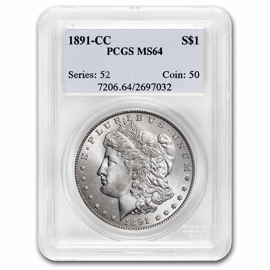 1891-CC Morgan Dollar MS-64 PCGS: 1891-CC Morgan Dollar MS-64 PCGS Product ID: 20446 Year: 1891 Grade Service: PCGS Denomination: $1.00 Metal Content: 0.7734 troy oz Purity: .900 Thickness: 3.1 mm Diameter: 38.1