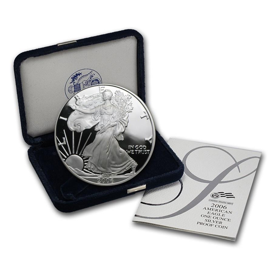 2006-W 1 oz Proof American Silver Eagle (w/Box & COA): 2006-W 1 oz Proof American Silver Eagle (w/Box & COA) Product ID: 13142 Year: 2006 Grade: Proof Grade Service: None Denomination: $1.00 Mint Mark: W - West Point Metal Content: 1 troy oz