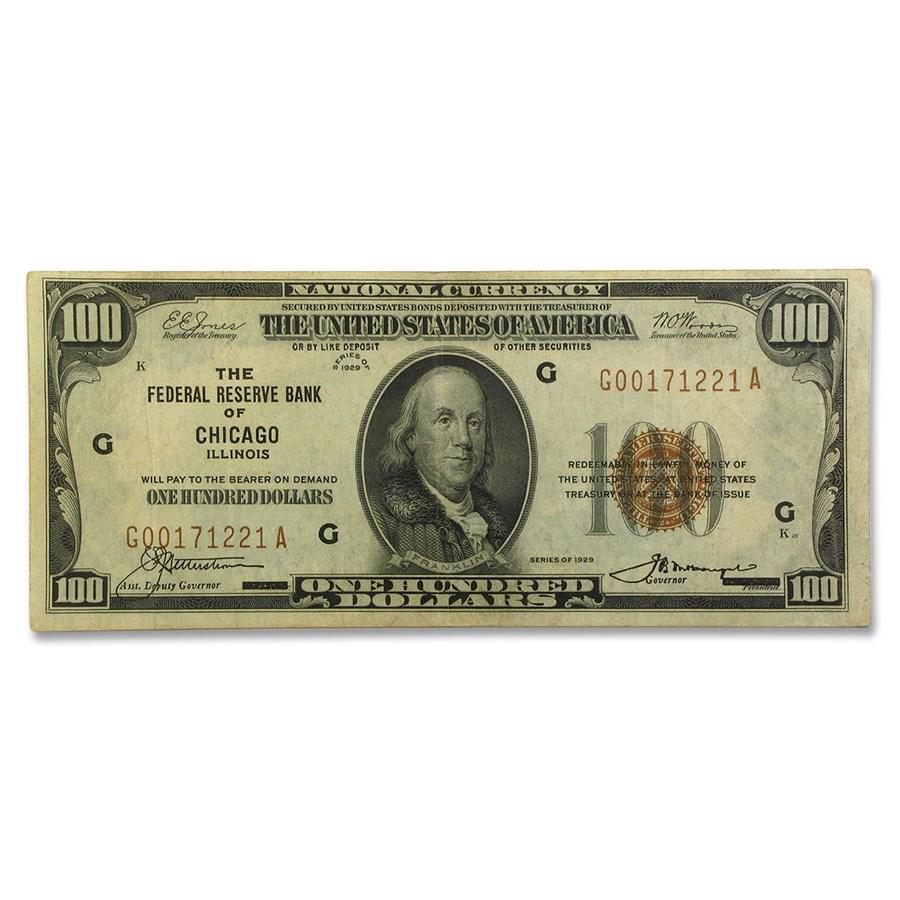 1929 (G-Chicago) $100 Brown Seal FRBN VF (Fr#1890-G): 1929 (G-Chicago) $100 Brown Seal FRBN VF (Fr#1890-G) Product ID: 90209 Year: 1929 Grade: Very Fine Grade Service: None Denomination: $100 Mint Mark: G - Chicago Metal Content: 0 troy oz <