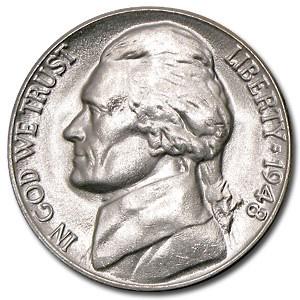1948-D Jefferson Nickel BU: 1948-D Jefferson Nickel BU Product ID: 6424 Year: 1948 Grade: Brilliant Unc Grade Service: None Denomination: 5 Cents Mint Mark: D - Denver Metal Content: 0 troy oz Purity: N/A <