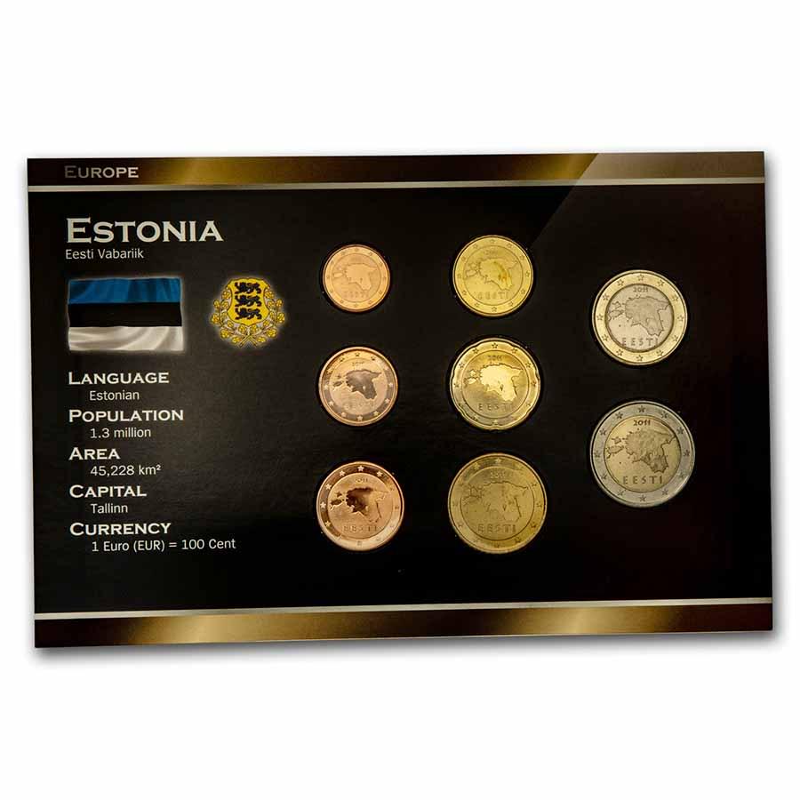 2011 Estonia 1 Cent-2 Euro 8-Coin Euro Set BU: 2011 Estonia 1 Cent-2 Euro 8-Coin Euro Set BU Product ID: 232369 Year: 2011 Grade: Brilliant Unc Grade Service: None Denomination: Varies Mint Mark: Not Shown Metal Content: 0 troy oz