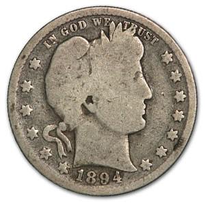 1894 Barber Quarter Good/VG: 1894 Barber Quarter Good/VG Product ID: 13803 Year: 1894 Grade: Good/Very Good Grade Service: None Denomination: $0.25 Mint Mark: P - Philadelphia (Not Shown) Metal Content: 0.1788 troy o