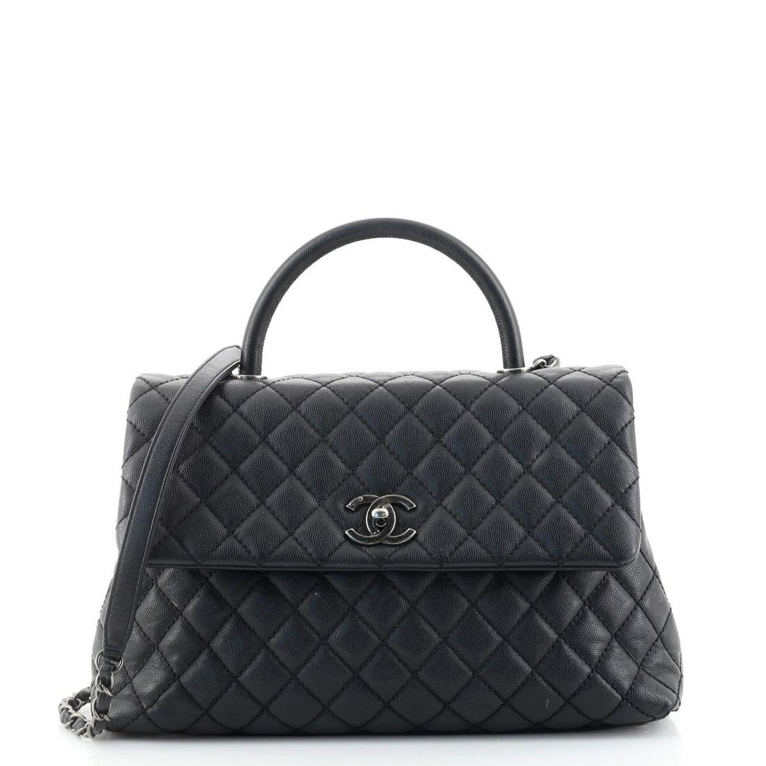Chanel Coco Top Handle Bag Quilted Caviar Medium: Chanel Coco Top Handle Bag Quilted Caviar Medium Exterior Color: Black Interior Color: Red Exterior Material: Leather Interior Material: Fabric Hardware Color: Aged Silver Accessories: Authenticit