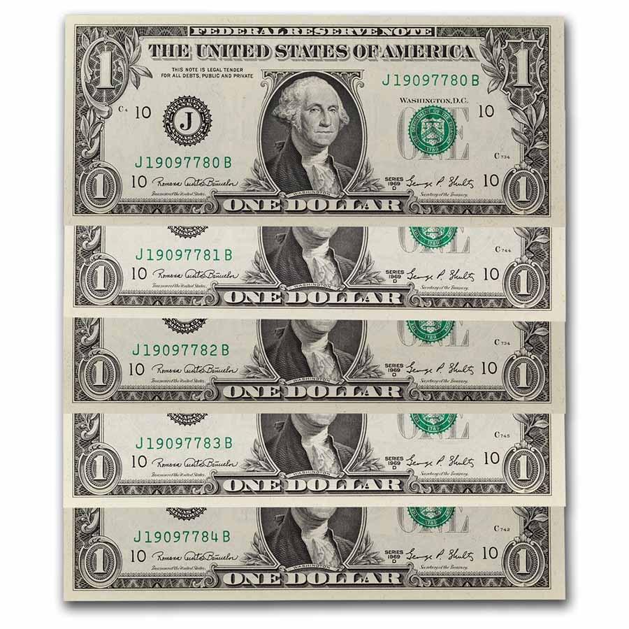 1969-D (J-Kansas City) $1.00 FRN CU (Fr#1907-J) 19 Consecutive: 1969-D (J-Kansas City) $1.00 FRN CU (Fr#1907-J) 19 Consecutive Product ID: 250388 Year: 1969 Grade: (U) Crisp Unc Grade Service: None Denomination: 1 Dollar Mint Mark: J - Kansas City Met