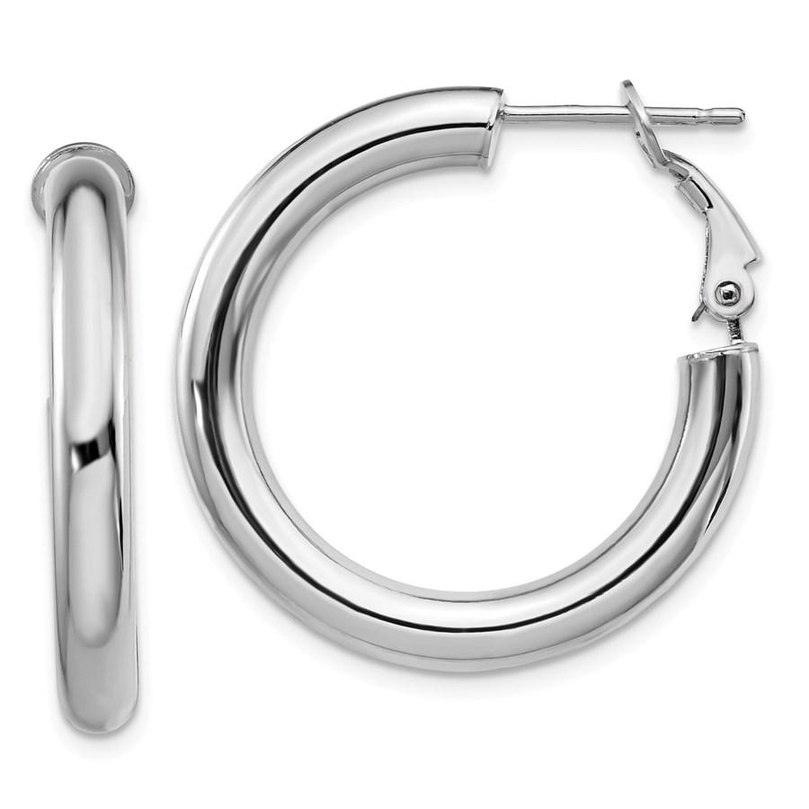 14k White Gold Polished Round Hoop Earrings - 4x20 mm: 14k White Gold Polished Round Hoop Earrings - 4x20 mm Product Id: 184358 Metal: Gold Purity: 14K Finish: Polished Length Of Item: 20 mm Earring Closure: Omega Clip Back Earring Type: Hoop