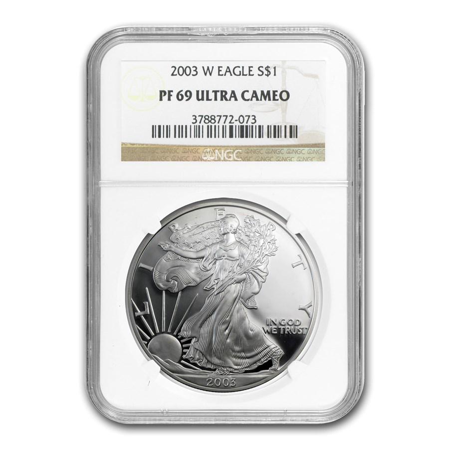 2003-W Proof American Silver Eagle PF-69 NGC: 2003-W Proof American Silver Eagle PF-69 NGC Product ID: 19957 Year: 2003 Grade Service: NGC Denomination: $1.00 Metal Content: 1 troy oz Purity: .999 Thickness: 2.98 mm Diameter