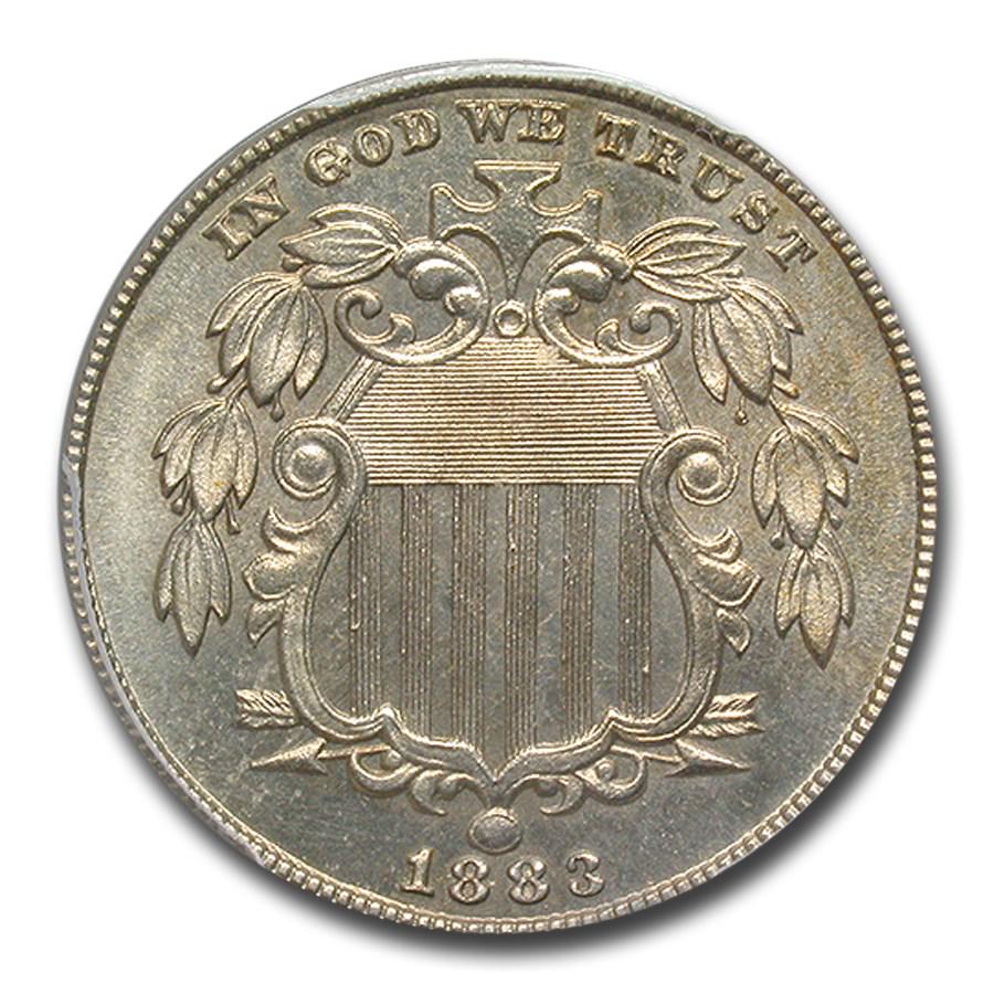 1883 Shield Nickel PR-64 PCGS: 1883 Shield Nickel PR-64 PCGS Product ID: 177971 Year: 1883 Grade Service: PCGS Denomination: $0.05 Metal Content: 0 troy oz Purity: None Thickness: 1.95 mm Diameter: 20.5 mm