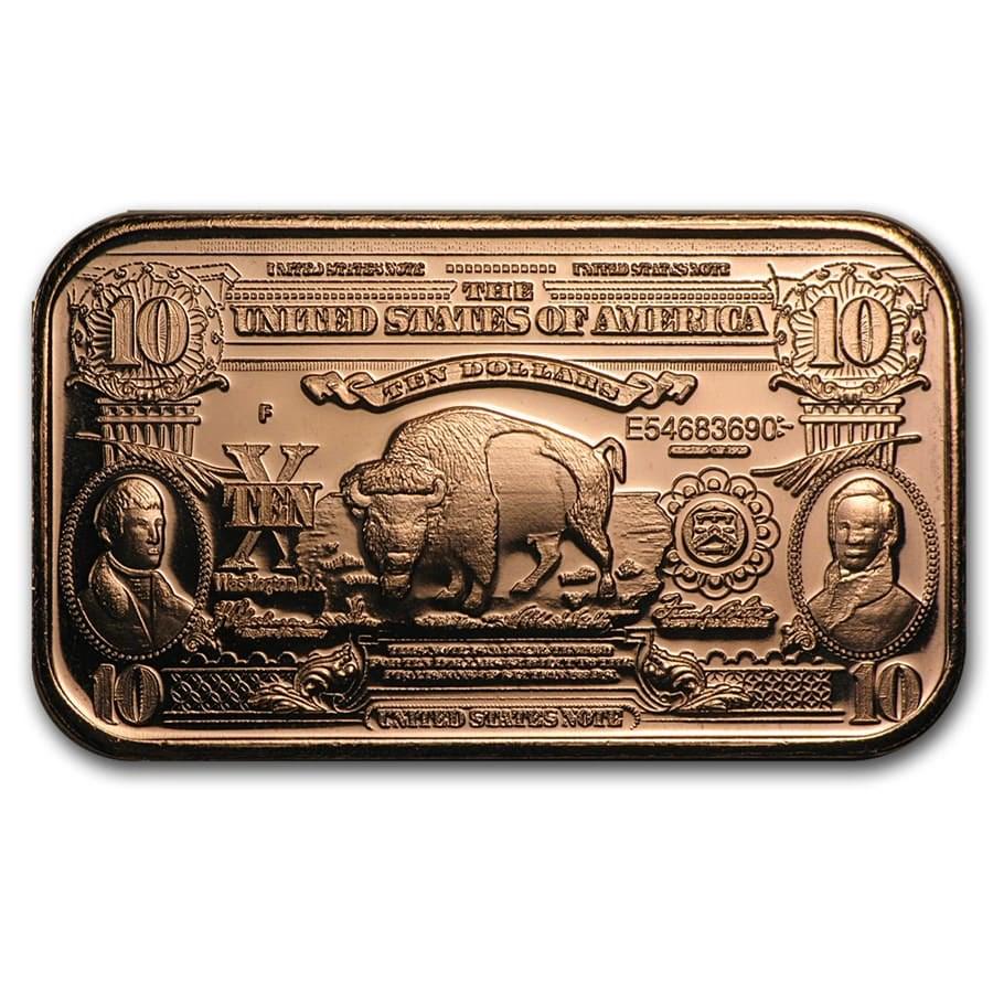 1 oz Copper Bar - $10 Bison Banknote Replica: 1 oz Copper Bar - $10 Bison Banknote Replica Product ID: 87380 Year: N/A Grade: None Grade Service: None Mint Mark: None Metal Content: 1 AVDP oz Purity: .999 Thickness: 3.3 mm <