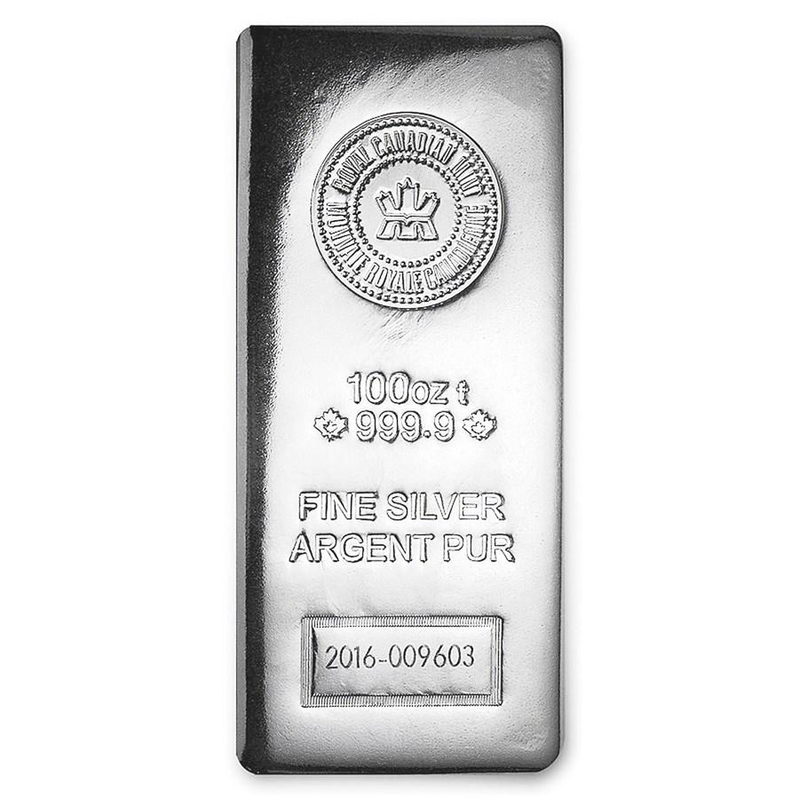100 oz Silver Bar - Royal Canadian Mint (.9999 Fine, Pressed): 100 oz Silver Bar - Royal Canadian Mint (.9999 Fine, Pressed) Product ID: 97758 Year: N/A Grade: None Grade Service: None Mint Mark: N/A - Not Available Metal Content: 100 troy oz Purity: