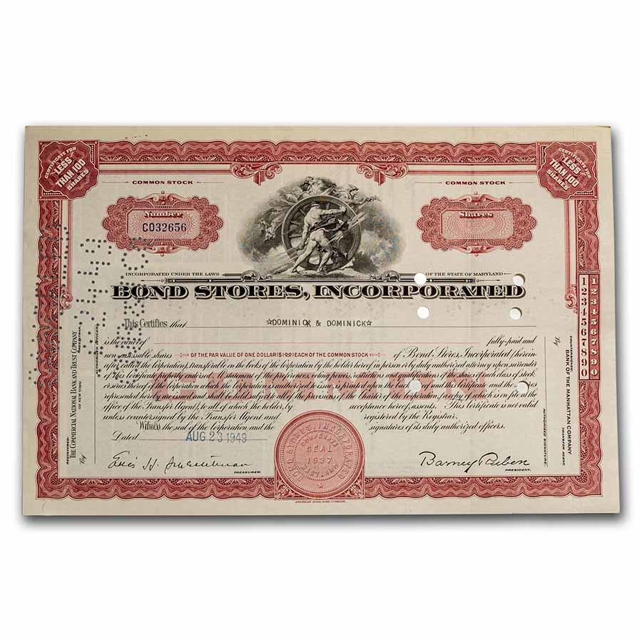 Bond Stores, Incorporated Stock Certificate (Red): Bond Stores, Incorporated Stock Certificate (Red) Product ID: 238547 Year: 1940-1950s Grade: None Grade Service: None Mint Mark: N/A - Not Available Metal Content: 0 troy oz Purity: N/A <