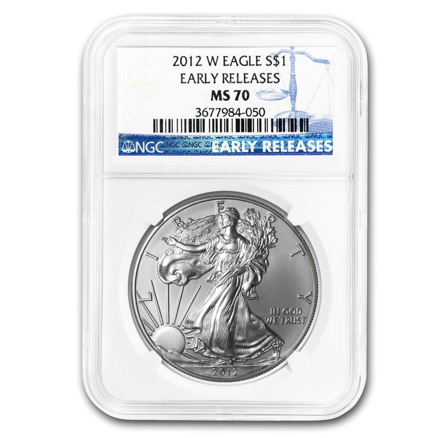 2012-W Burnished American Silver Eagle MS-70 NGC (ER): 2012-W Burnished American Silver Eagle MS-70 NGC (ER) Product ID: 70747 Year: 2012 Grade Service: NGC Denomination: 1 Dollar Metal Content: 1 troy oz Purity: .999 Thickness: 2.98 mm <