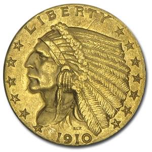1910 $2.50 Indian Gold Quarter Eagle AU: 1910 $2.50 Indian Gold Quarter Eagle AU Product ID: 14554 Year: 1910 Grade: Almost Unc Grade Service: None Denomination: 2 1/2 Dollars Mint Mark: P - Philadelphia (Not Shown) Metal Conten