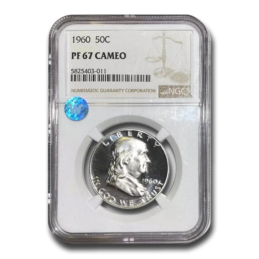 1960 Franklin Half Dollar PF-67 CAM NGC: 1960 Franklin Half Dollar PF-67 CAM NGC Product ID: 198037 Year: 1960 Grade Service: NGC Denomination: 50 Cents Metal Content: 0.3617 troy oz Purity: .900 Thickness: 2.15 mm Diam