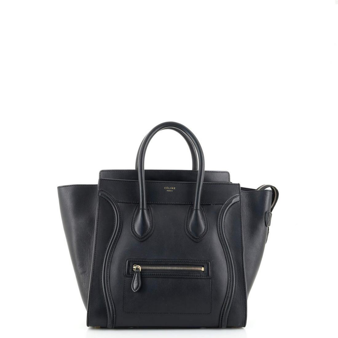 Celine Luggage Bag Smooth Leather Mini: Celine Luggage Bag Smooth Leather Mini Exterior Color: Black Interior Color: Black Exterior Material: Leather Interior Material: Leather Hardware Color: Gold Accessories: Dust bag missing