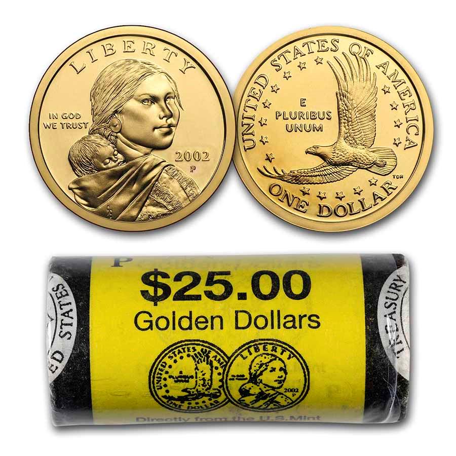 2002-P Sacagawea Dollar (25-Coin Mint Roll): 2002-P Sacagawea Dollar (25-Coin Mint Roll) Product ID: 206446 Year: 2002 Grade: Brilliant Unc Grade Service: None Denomination: $1.00 Mint Mark: P - Philadelphia Metal Content: 0 troy oz
