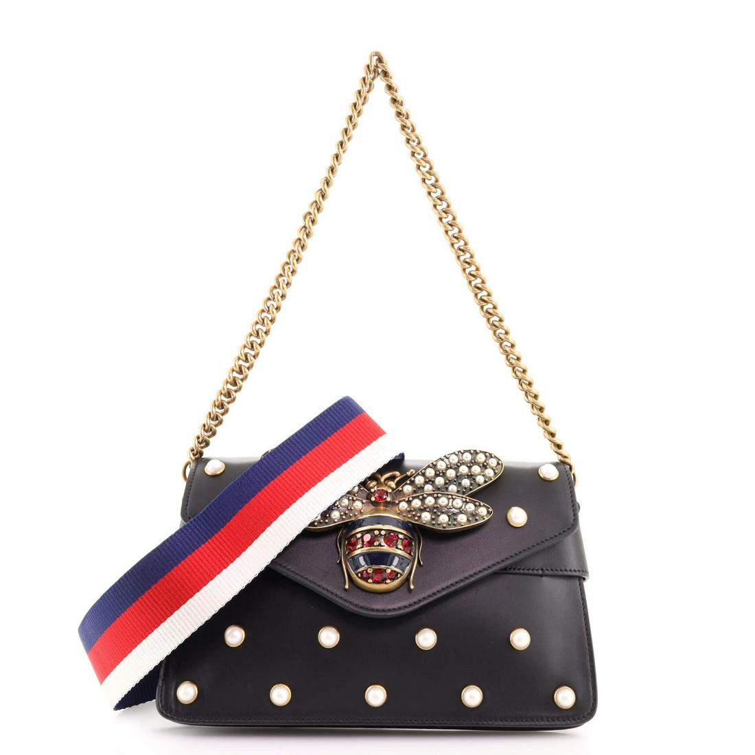 Gucci Broadway Pearly Bee Shoulder Bag Embellished Leather Mini: Gucci Broadway Pearly Bee Shoulder Bag Embellished Leather Mini Exterior Color: Black Interior Color: Neutral Exterior Material: Leather Interior Material: Leather Hardware Color: Aged Gold Access