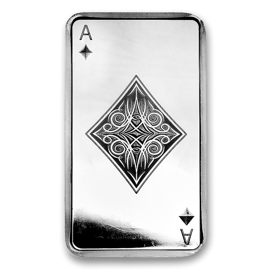 10 oz Silver Bar - Ace of Diamonds: 10 oz Silver Bar - Ace of Diamonds Product ID: 201331 Year: N/A Grade: None Grade Service: None Mint Mark: N/A - Not Available Metal Content: 10 troy oz Purity: .999 Thickness: N