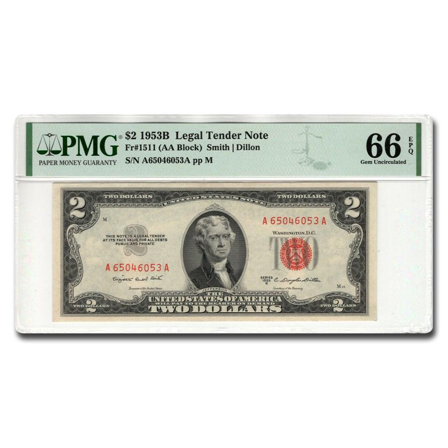 1953-B $2 U.S. Notes Red Seal CU-66 EPQ PMG (Fr#1511): 1953-B $2 U.S. Notes Red Seal CU-66 EPQ PMG (Fr#1511) Product ID: 259624 Year: 1953 Grade: (PMG) Gem Unc - 66 Grade Service: PMG Denomination: 2 Dollars Mint Mark: N/A - Not Available Met