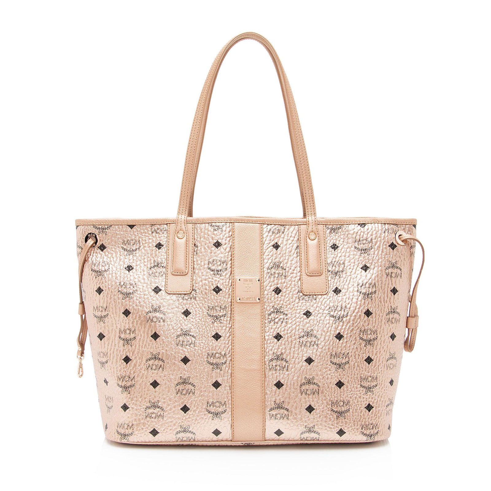 MCM Metallic Visetos Liz Reversible Medium Shopper Tote: MCM Metallic Visetos Liz Reversible Medium Shopper Tote Condition Quality: Good Color: Pink Height: 11 in. Length: 14 in. Material: Metallic Coated Canvas/Metallic Leather Width: 6 in. It