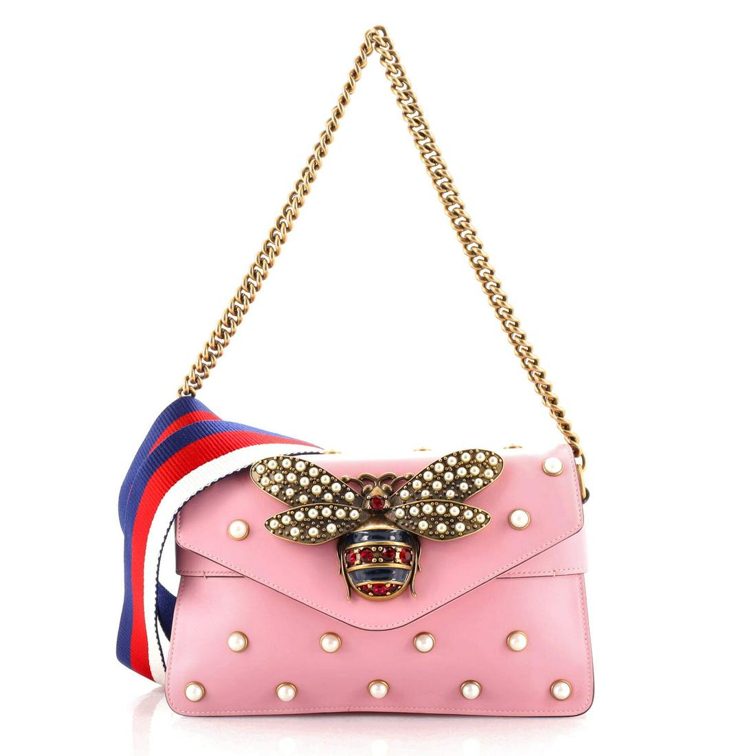 Gucci Broadway Pearly Bee Shoulder Bag Embellished Leather Mini: Gucci Broadway Pearly Bee Shoulder Bag Embellished Leather Mini Exterior Color: Pink Interior Color: Brown Exterior Material: Leather Interior Material: Leather Hardware Color: Aged Gold Accessori