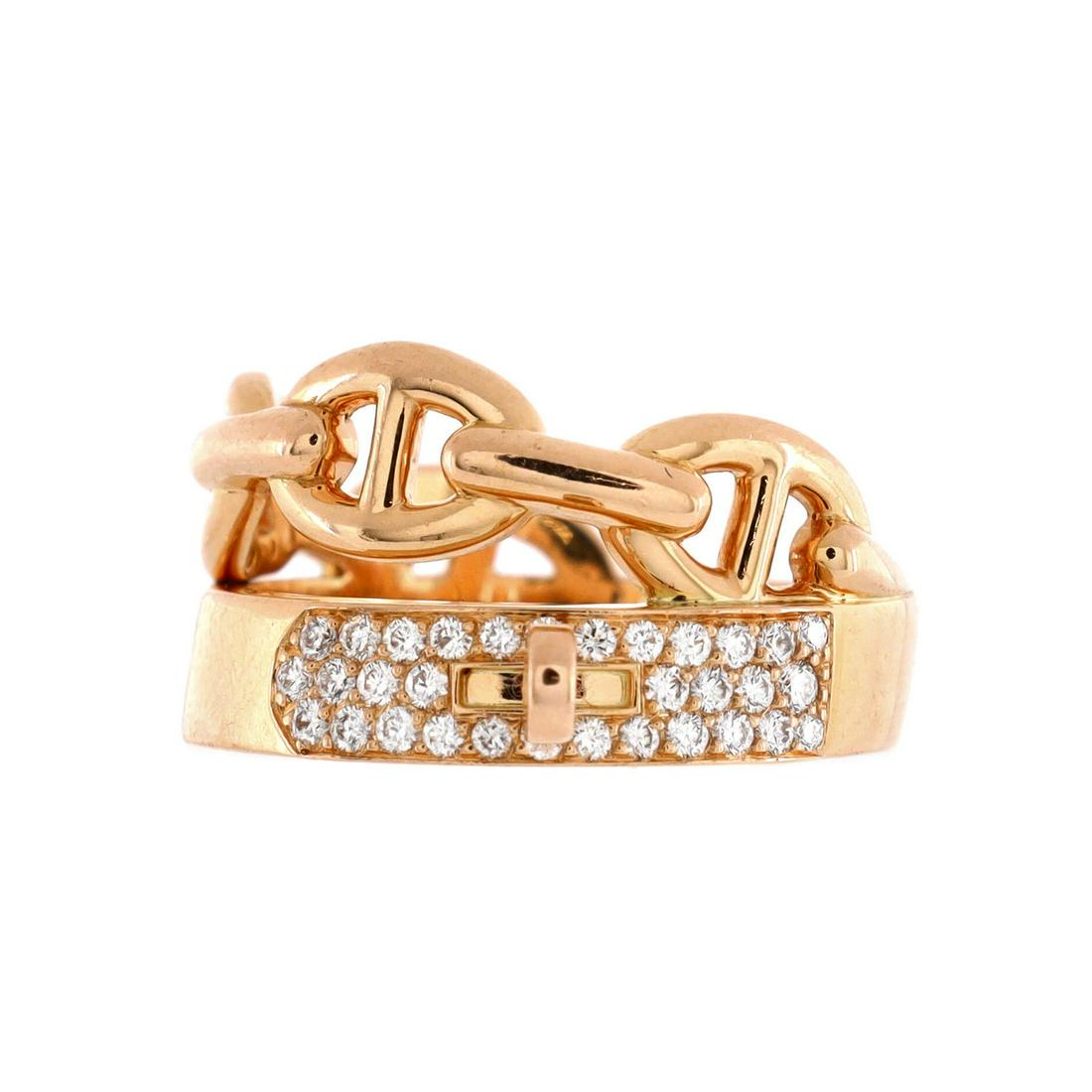 Hermes Kelly Double Tour Ring 18K Rose Gold with Pave Diamonds: Hermes Kelly Double Tour Ring 18K Rose Gold with Pave Diamonds Metal Type: 18K Rose Gold Metal Finish: High Polish Hallmarks Type: 750, Designer Signature, French Eagle’s Head, Maker's Mark, Serial