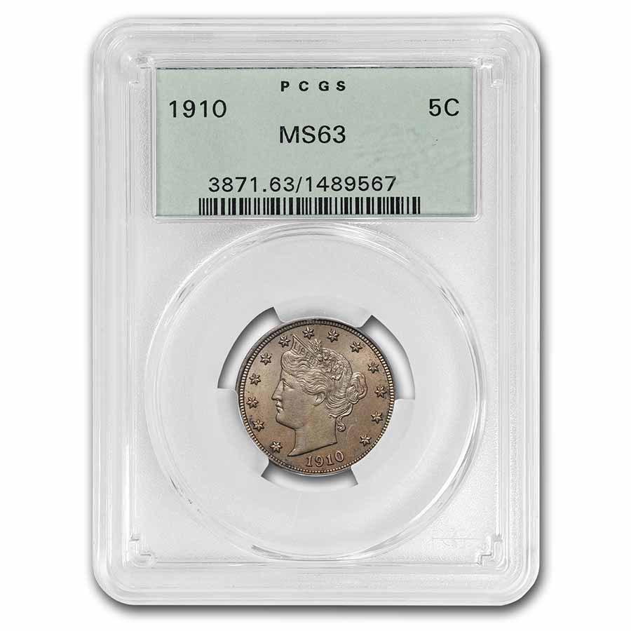 1910 Liberty Head V Nickel MS-63 PCGS: 1910 Liberty Head V Nickel MS-63 PCGS Product ID: 218857 Year: 1910 Grade Service: PCGS Denomination: 5 Cents Metal Content: 0 troy oz Purity: None Diameter: 21.2 mm