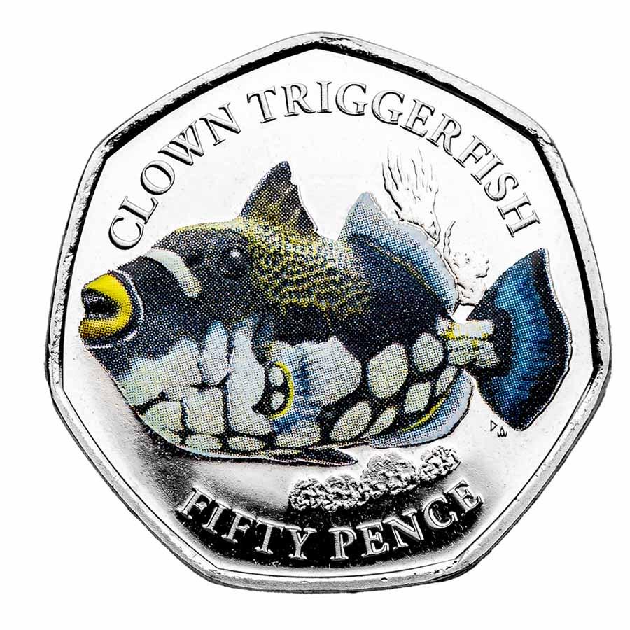 2021 BIOT Cupro-Nickel 50p Sea Creatures: Clown Triggerfish: 2021 BIOT Cupro-Nickel 50p Sea Creatures: Clown Triggerfish Product ID: 241226 Year: 2021 Grade: Gem Proof Grade Service: None Denomination: 50 Pence Mint Mark: N/A - Not Available Metal